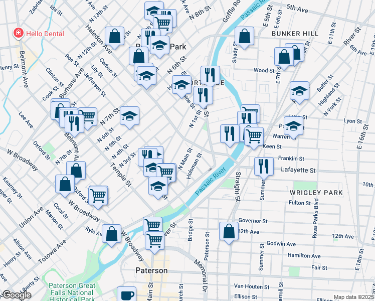 map of restaurants, bars, coffee shops, grocery stores, and more near 21 Haledon Avenue in Paterson