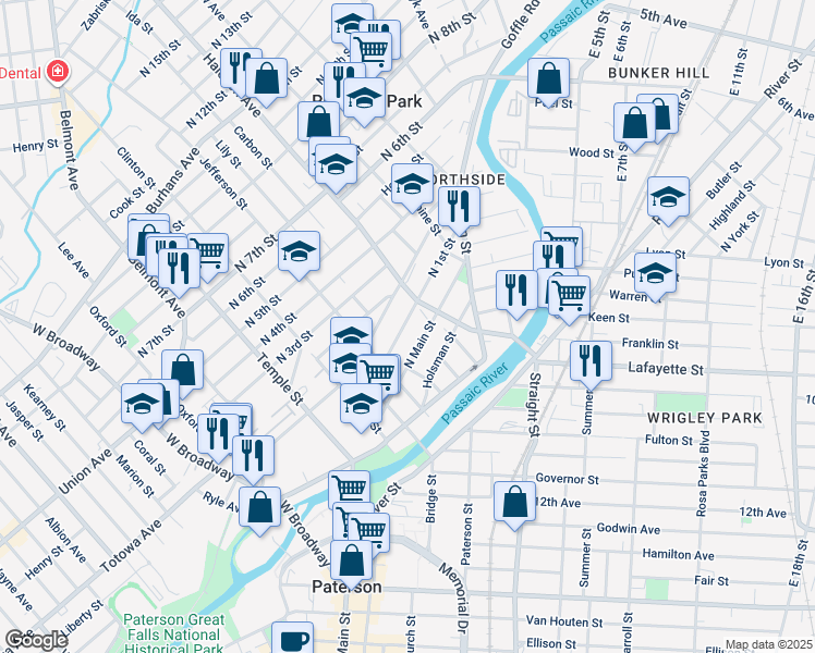 map of restaurants, bars, coffee shops, grocery stores, and more near 21 Haledon Avenue in Paterson