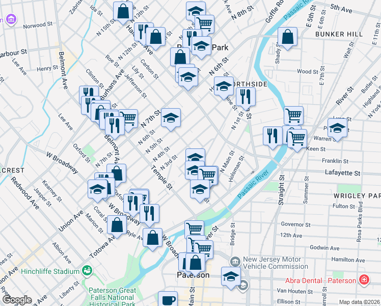 map of restaurants, bars, coffee shops, grocery stores, and more near 121 North 3rd Street in Paterson