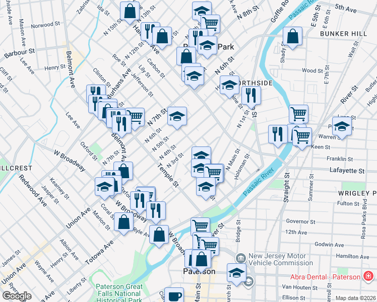 map of restaurants, bars, coffee shops, grocery stores, and more near 121 North 3rd Street in Paterson