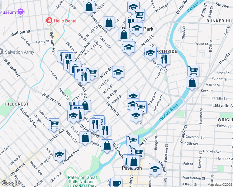 map of restaurants, bars, coffee shops, grocery stores, and more near 99 North 4th Street in Paterson