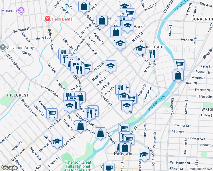 map of restaurants, bars, coffee shops, grocery stores, and more near 99 North 4th Street in Paterson