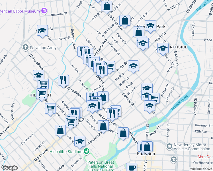 map of restaurants, bars, coffee shops, grocery stores, and more near 98 Belmont Avenue in Paterson