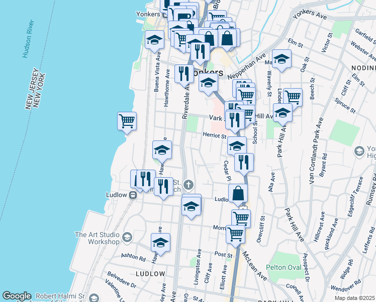 map of restaurants, bars, coffee shops, grocery stores, and more near 115 Stanley Avenue in Yonkers