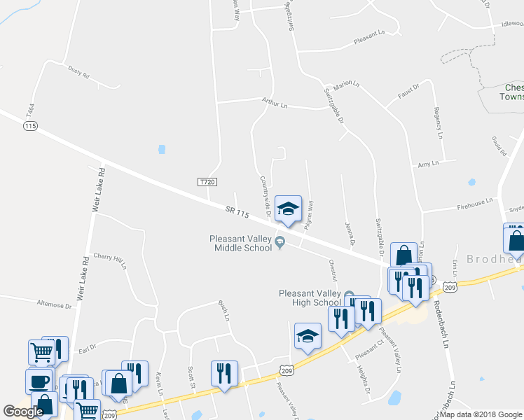 map of restaurants, bars, coffee shops, grocery stores, and more near 107 Countryside Drive in Brodheadsville