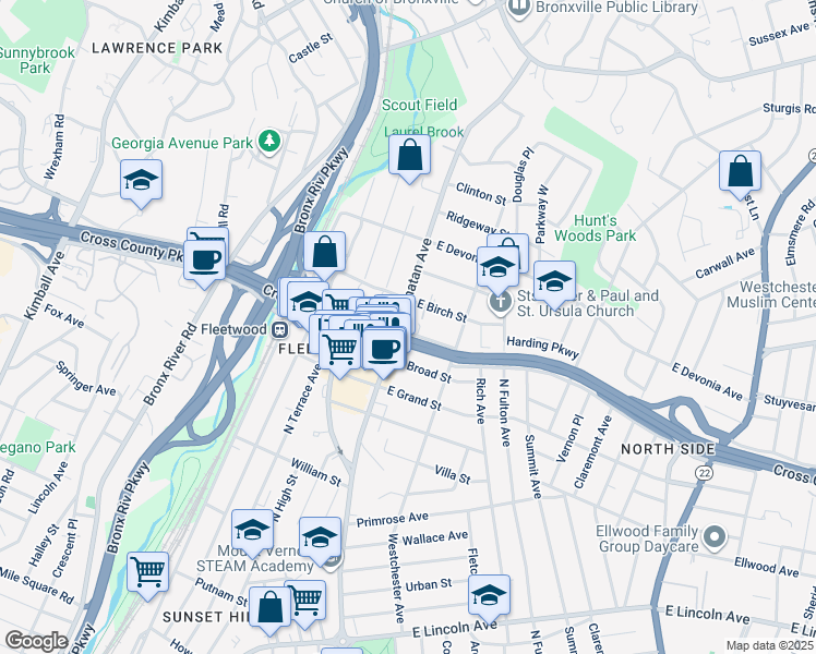 map of restaurants, bars, coffee shops, grocery stores, and more near 12 East Birch Street in Mount Vernon