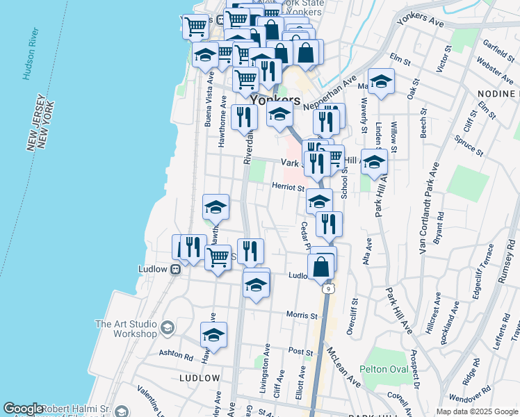map of restaurants, bars, coffee shops, grocery stores, and more near 150 Riverdale Avenue in Yonkers