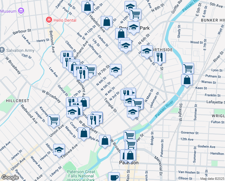 map of restaurants, bars, coffee shops, grocery stores, and more near 7 Clinton Street in Paterson
