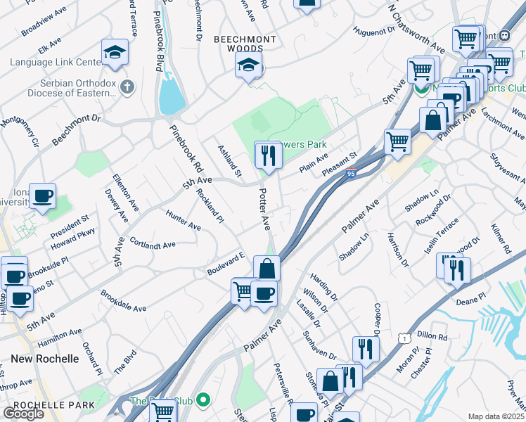 map of restaurants, bars, coffee shops, grocery stores, and more near 35 Potter Avenue in New Rochelle