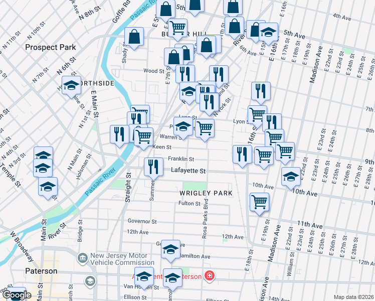 map of restaurants, bars, coffee shops, grocery stores, and more near 98 Warren Street in Paterson