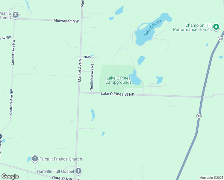map of restaurants, bars, coffee shops, grocery stores, and more near 1481 Lake O Pines Drive in Hartville
