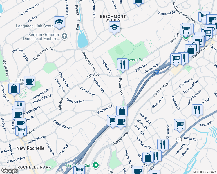 map of restaurants, bars, coffee shops, grocery stores, and more near 411 5th Avenue in New Rochelle