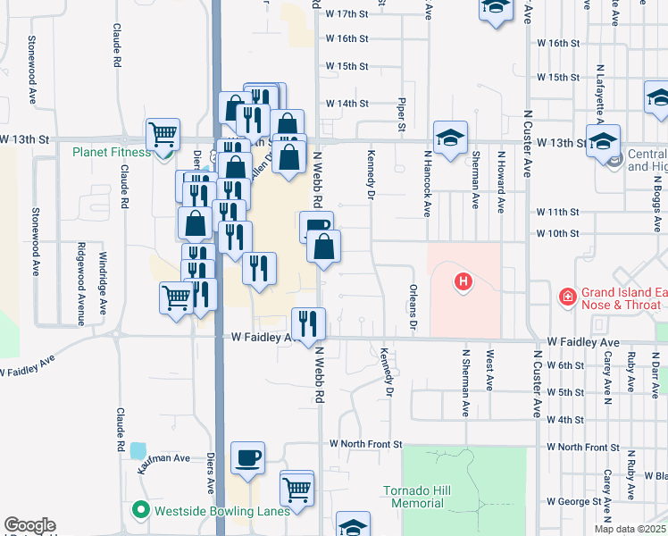 map of restaurants, bars, coffee shops, grocery stores, and more near 3298 Kennedy Way in Grand Island