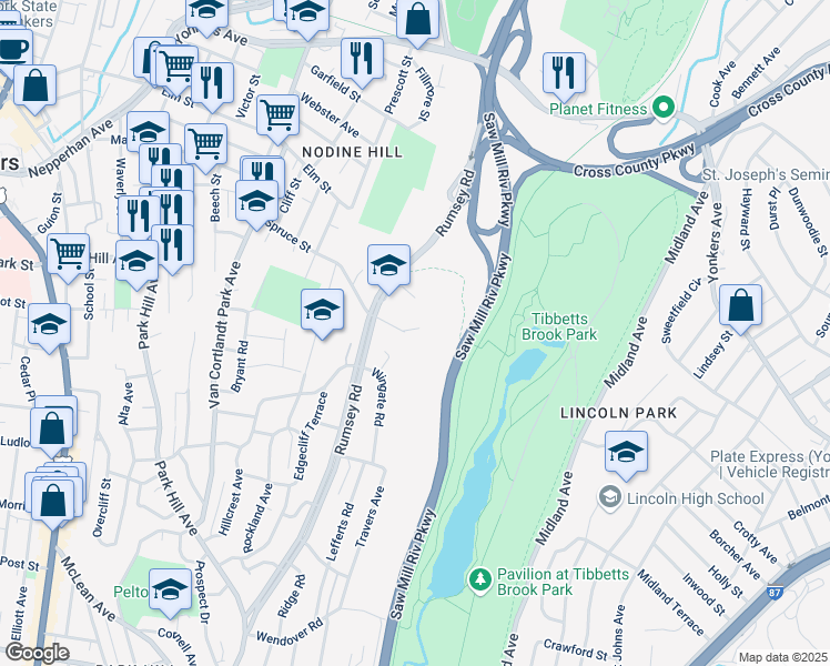 map of restaurants, bars, coffee shops, grocery stores, and more near 27 Truesdale Place in Yonkers