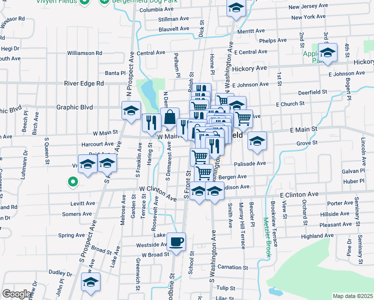 map of restaurants, bars, coffee shops, grocery stores, and more near 72 West Main Street in Bergenfield
