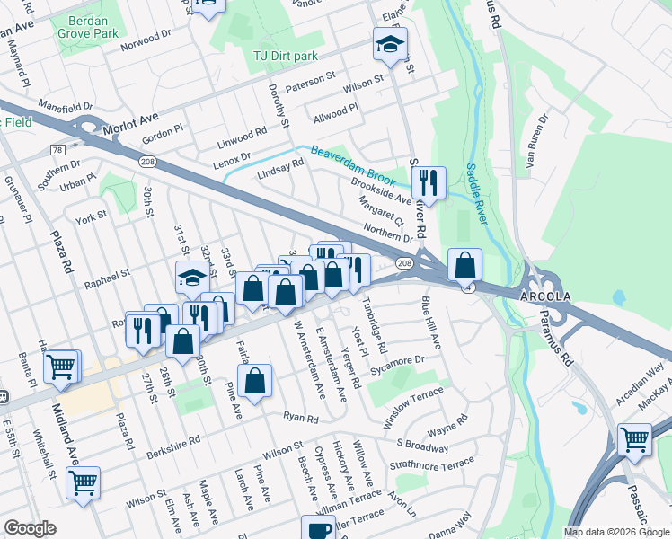map of restaurants, bars, coffee shops, grocery stores, and more near 1-45 37th Street in Fair Lawn