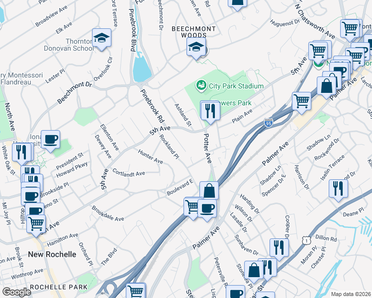 map of restaurants, bars, coffee shops, grocery stores, and more near 411 5th Avenue in New Rochelle