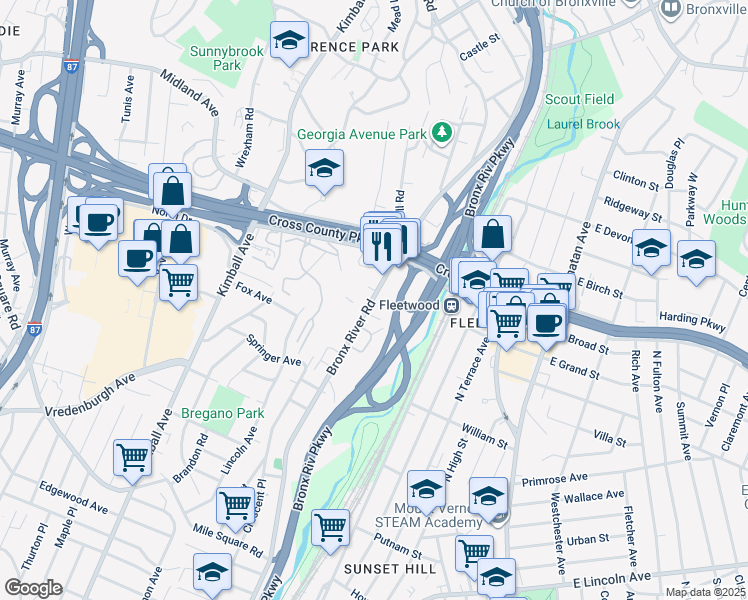 map of restaurants, bars, coffee shops, grocery stores, and more near 829 Bronx River Road in Yonkers