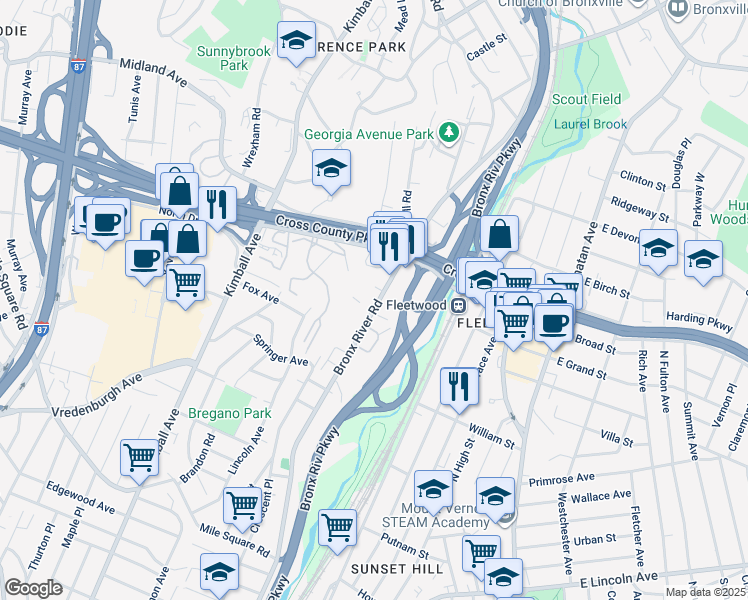 map of restaurants, bars, coffee shops, grocery stores, and more near 829 Bronx River Road in Yonkers