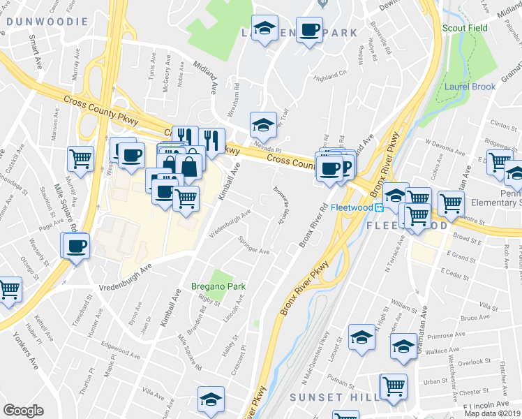 map of restaurants, bars, coffee shops, grocery stores, and more near 14 Bronxville Glen Drive in Yonkers