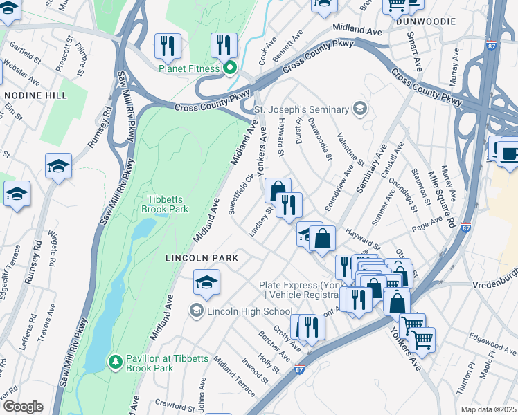 map of restaurants, bars, coffee shops, grocery stores, and more near 590 Yonkers Avenue in Yonkers