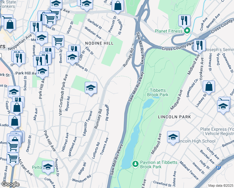 map of restaurants, bars, coffee shops, grocery stores, and more near 27 Truesdale Place in Yonkers