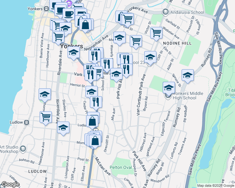 map of restaurants, bars, coffee shops, grocery stores, and more near 99 Park Hill Avenue in Yonkers