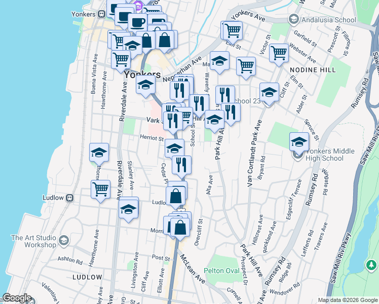 map of restaurants, bars, coffee shops, grocery stores, and more near 30 Herriot Place in Yonkers