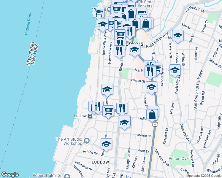 map of restaurants, bars, coffee shops, grocery stores, and more near 156 Hawthorne Avenue in Yonkers