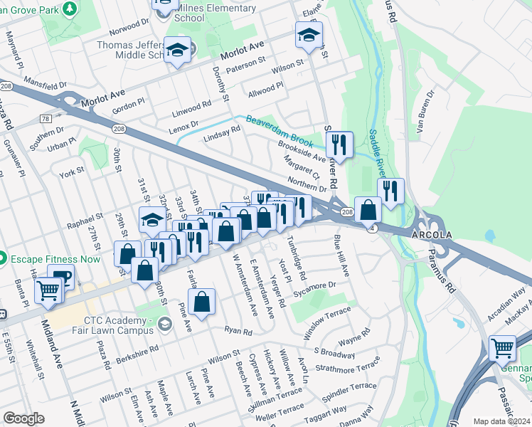 map of restaurants, bars, coffee shops, grocery stores, and more near 1-45 37th Street in Fair Lawn