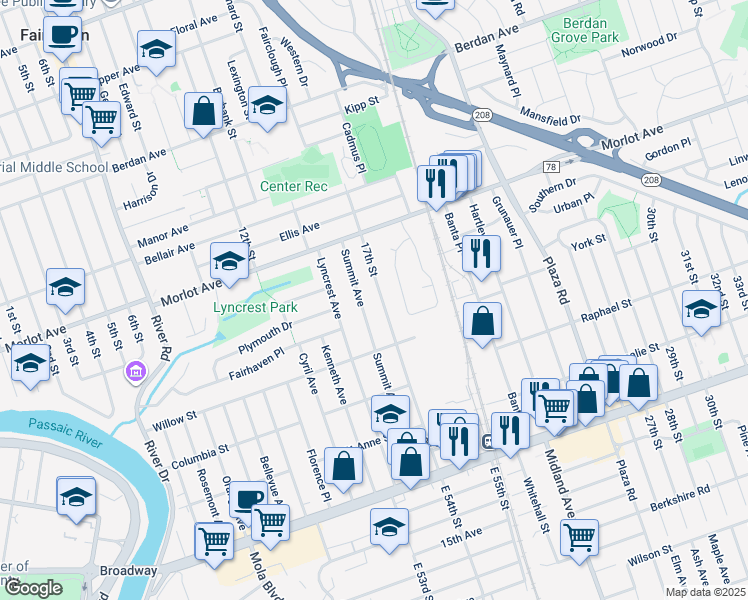 map of restaurants, bars, coffee shops, grocery stores, and more near 4-52 Bryant Place in Fair Lawn
