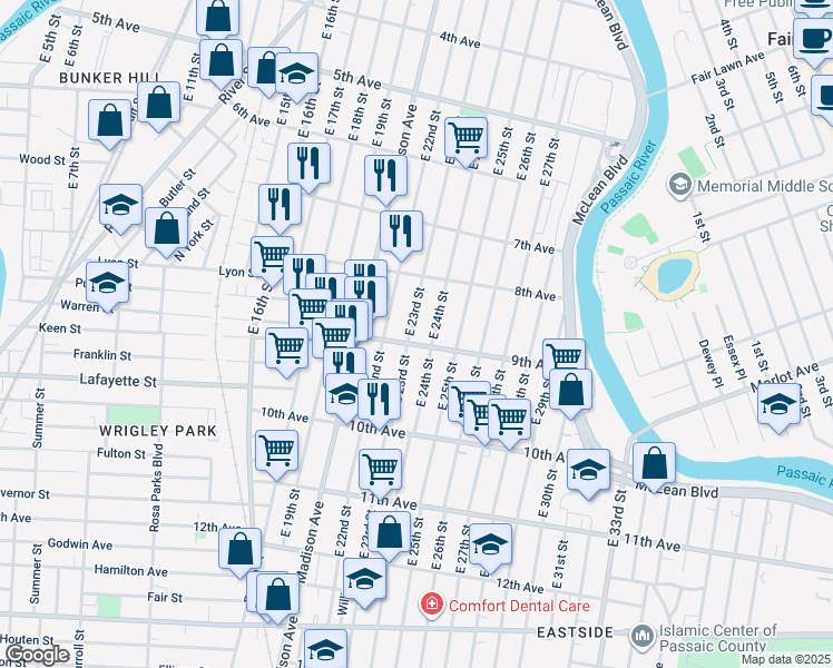 map of restaurants, bars, coffee shops, grocery stores, and more near 375 East 22nd Street in Paterson