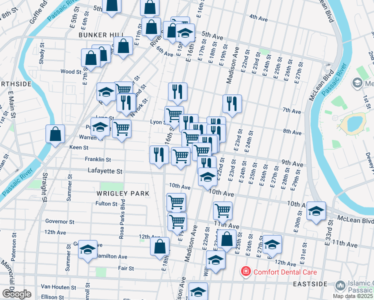 map of restaurants, bars, coffee shops, grocery stores, and more near 231 Warren Street in Paterson