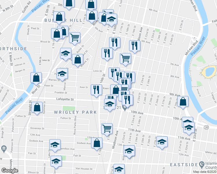 map of restaurants, bars, coffee shops, grocery stores, and more near 231 Warren Street in Paterson