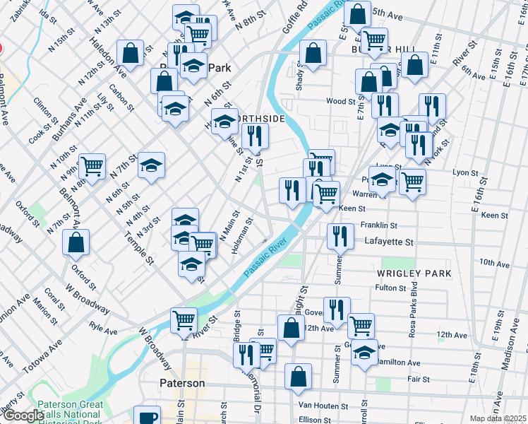map of restaurants, bars, coffee shops, grocery stores, and more near 44 Watson Street in Paterson