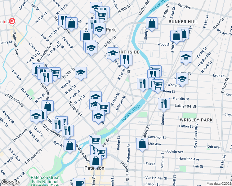 map of restaurants, bars, coffee shops, grocery stores, and more near 21 Haledon Avenue in Paterson