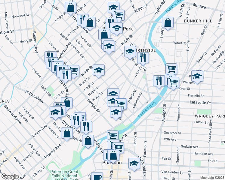 map of restaurants, bars, coffee shops, grocery stores, and more near 121 North 3rd Street in Paterson