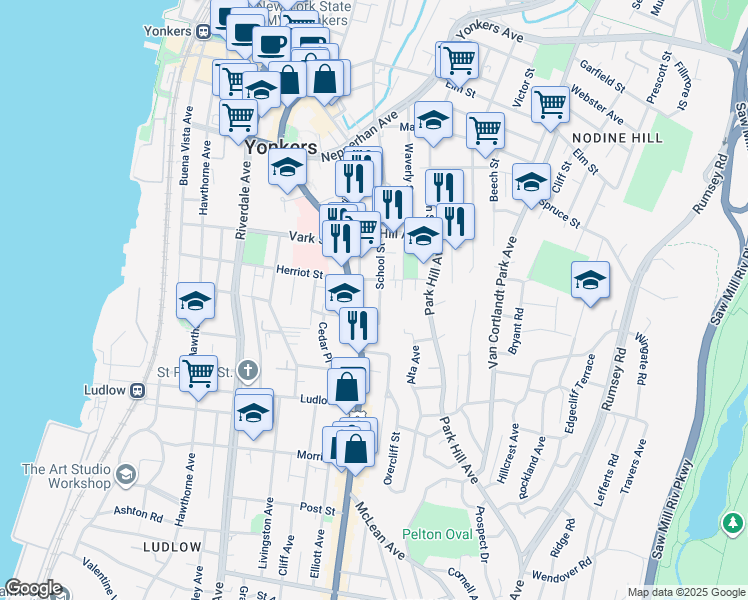 map of restaurants, bars, coffee shops, grocery stores, and more near 30 Herriot Place in Yonkers