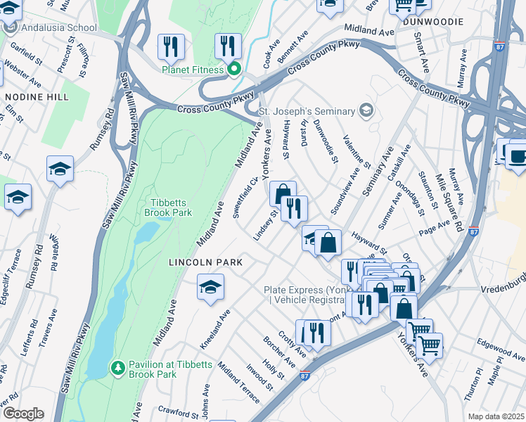 map of restaurants, bars, coffee shops, grocery stores, and more near 590 Yonkers Avenue in Yonkers