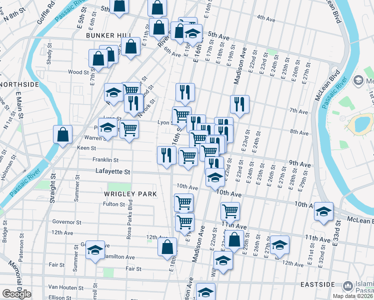 map of restaurants, bars, coffee shops, grocery stores, and more near 235 Keen Street in Paterson