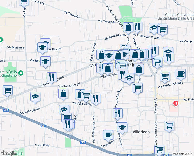 map of restaurants, bars, coffee shops, grocery stores, and more near 108 Via Innamorati in Giugliano In Campania