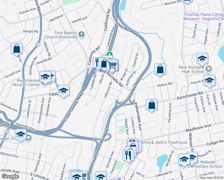 map of restaurants, bars, coffee shops, grocery stores, and more near 518 New Rochelle Road in Bronxville