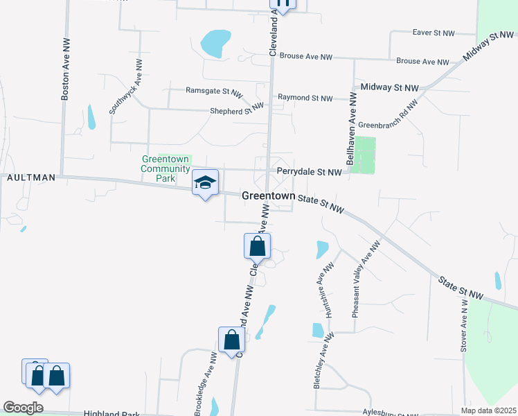 map of restaurants, bars, coffee shops, grocery stores, and more near 9677 Cleveland Avenue Northwest in North Canton