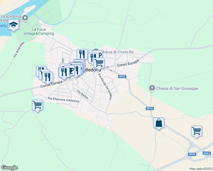 map of restaurants, bars, coffee shops, grocery stores, and more near 19 Via Alcide De Gasperi in Valledoria