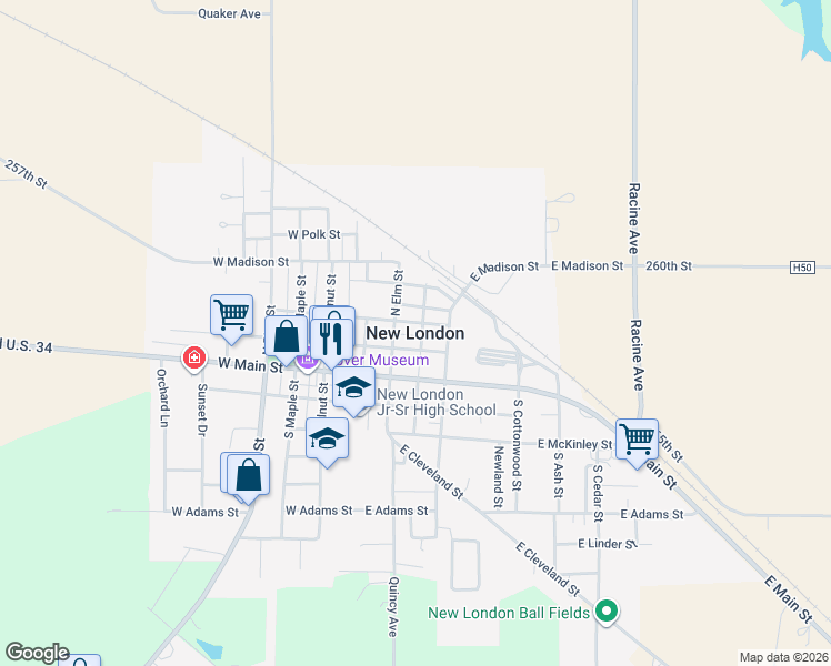 map of restaurants, bars, coffee shops, grocery stores, and more near in New London