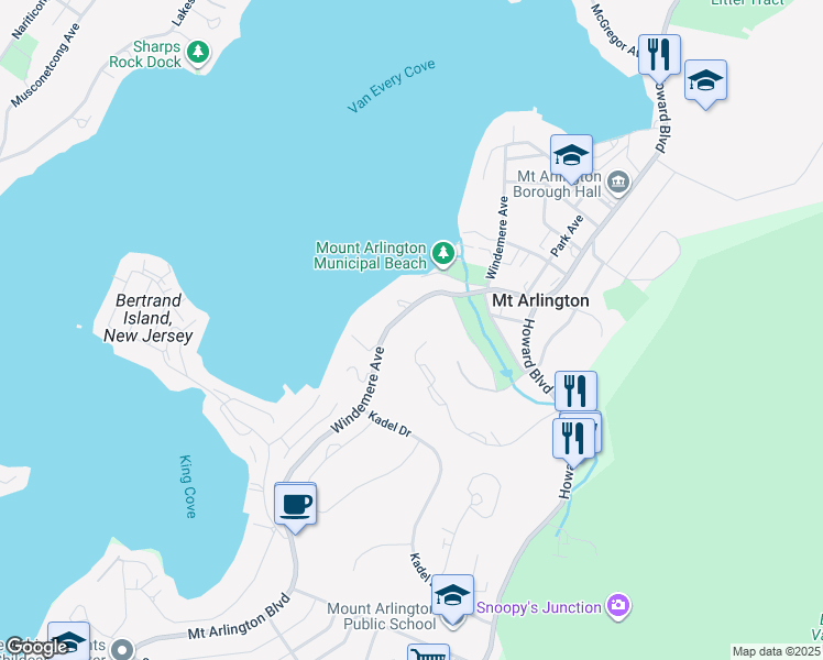 map of restaurants, bars, coffee shops, grocery stores, and more near 28 Sunset Terrace in Mount Arlington