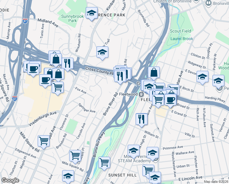 map of restaurants, bars, coffee shops, grocery stores, and more near 829 Bronx River Road in Yonkers