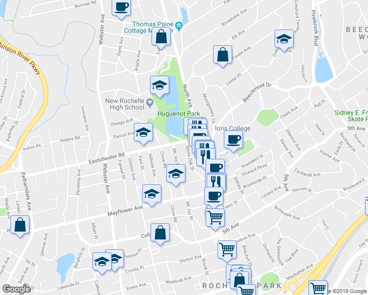 map of restaurants, bars, coffee shops, grocery stores, and more near 42 Eastchester Road in New Rochelle