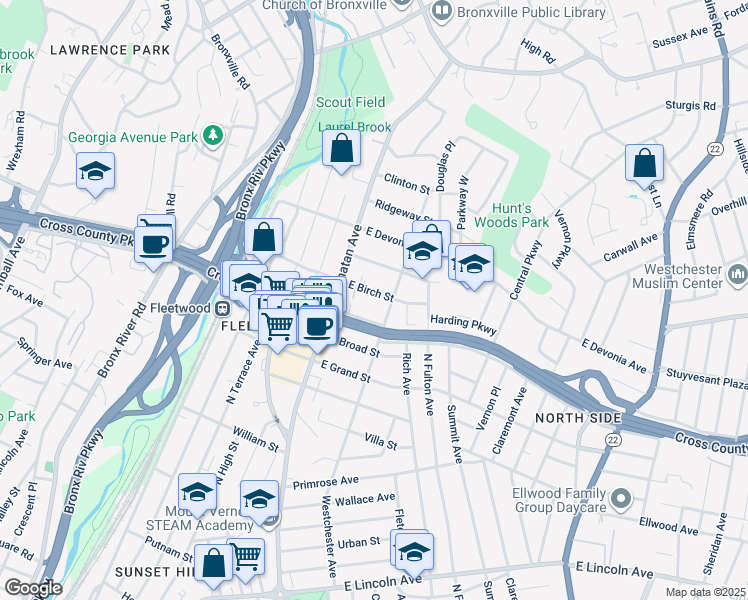 map of restaurants, bars, coffee shops, grocery stores, and more near 43 East Birch Street in Mount Vernon