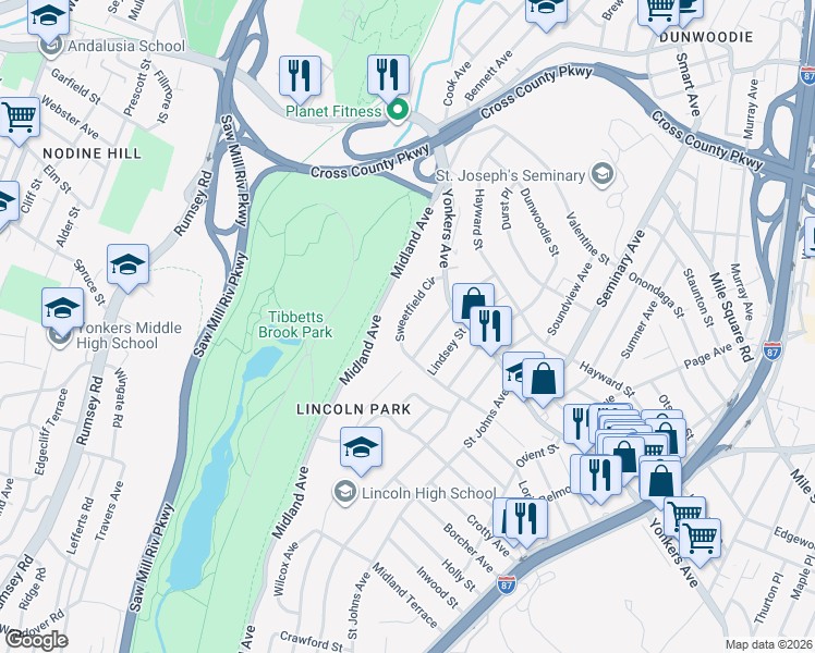 map of restaurants, bars, coffee shops, grocery stores, and more near 41 Sweetfield Circle in Yonkers